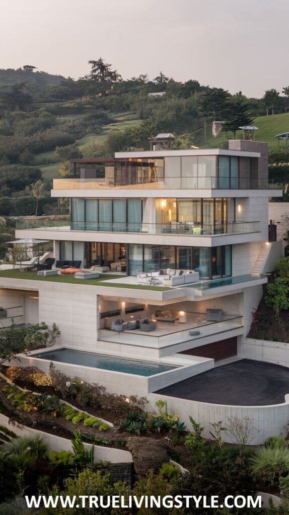 A multi-story modern home on a lush hillside with tiered outdoor spaces and a pool.