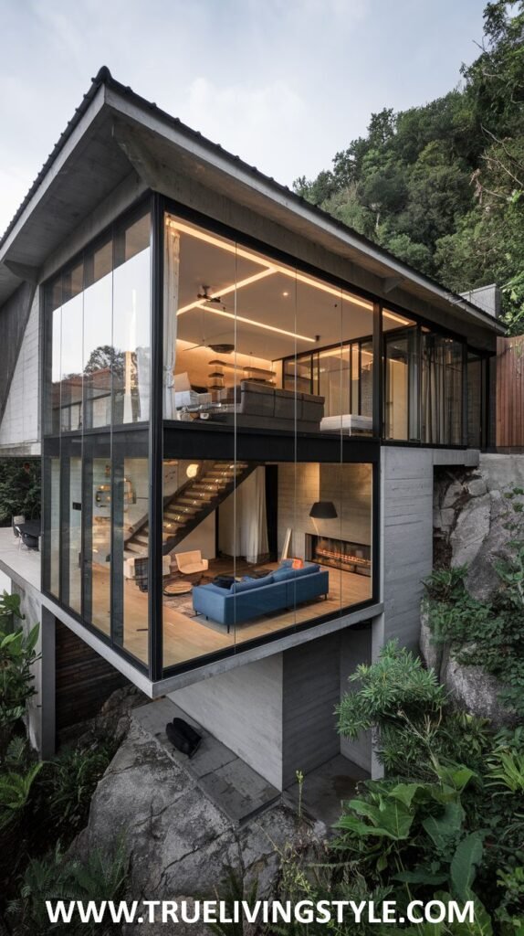 A modern glass-walled house built on a rocky landscape with surrounding vegetation.