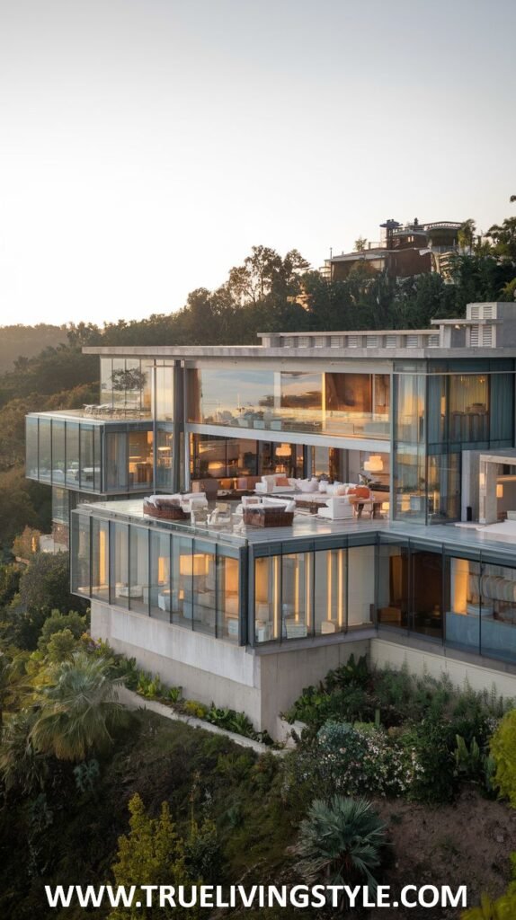 A contemporary multi-story home with large glass windows and outdoor living spaces on a hillside.