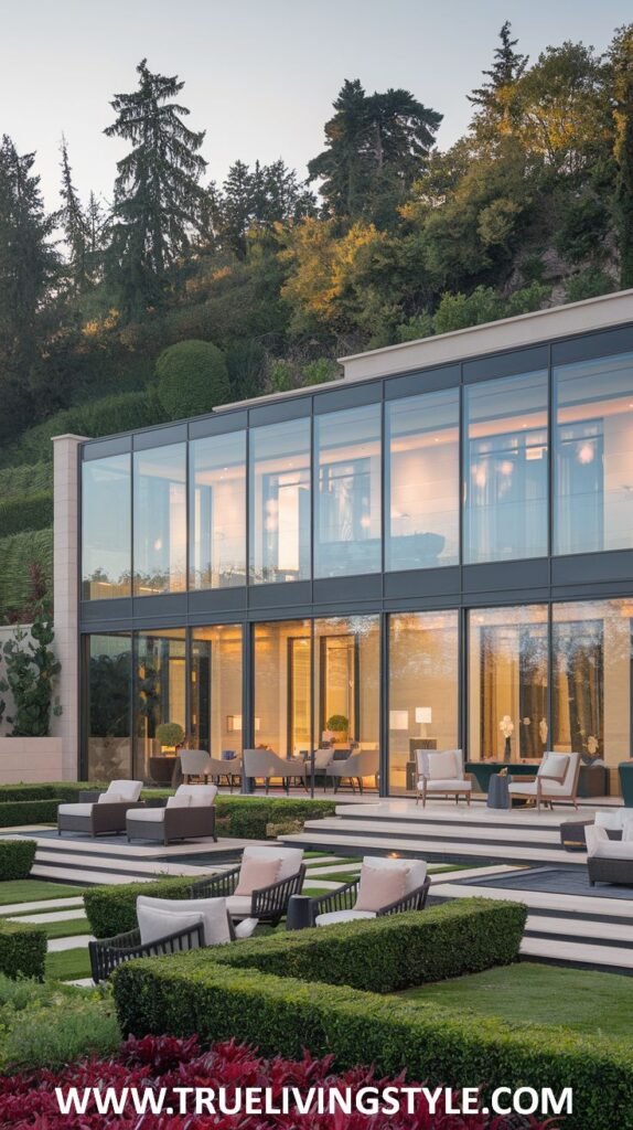 A modern home with a wall of windows overlooking an outdoor lounge area with manicured landscaping.