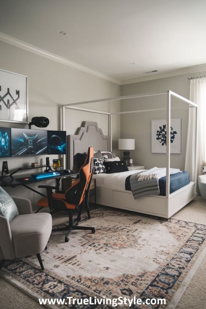 Bedroom featuring a four-poster bed, a desk with multiple monitors, and a gaming chair.