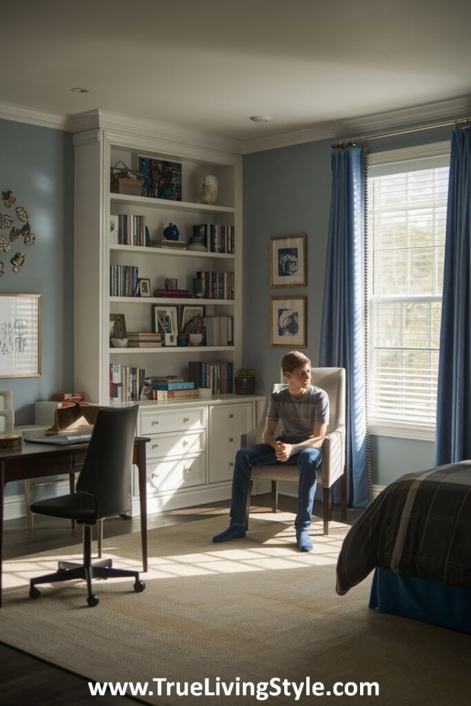 A serene teen boy bedroom featuring a study nook with a desk, bookshelf, and comfortable seating near a window with blue curtains.