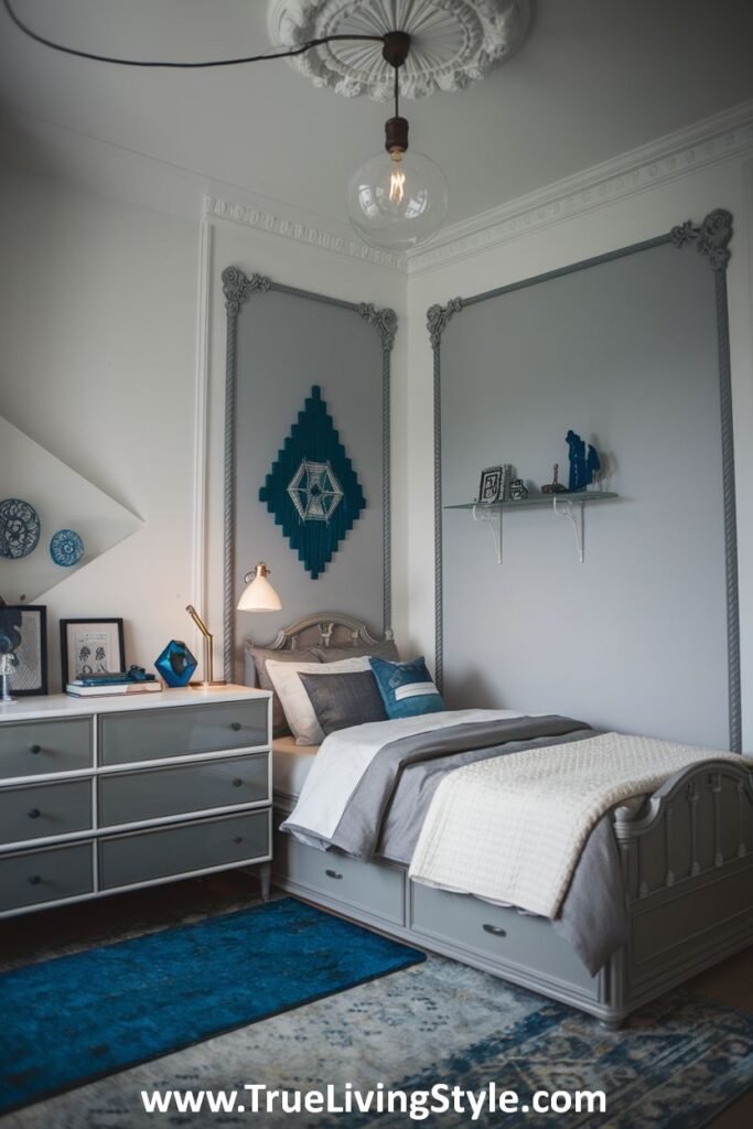 Grey and blue modern bedroom with geometric wall decor.