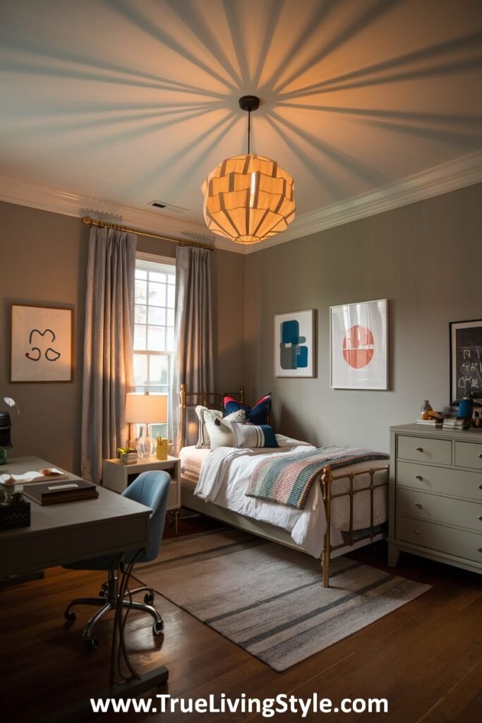 Bedroom with grey walls, wooden floors, and unique ceiling lighting.