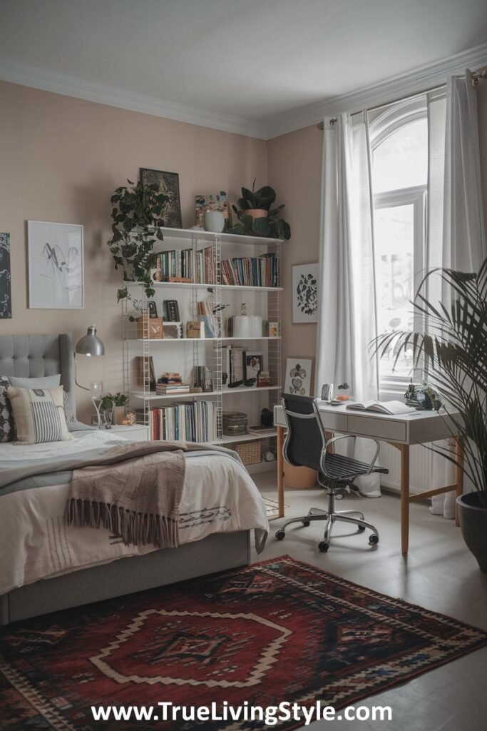 White-walled bedroom with plants and a contrasting rug.