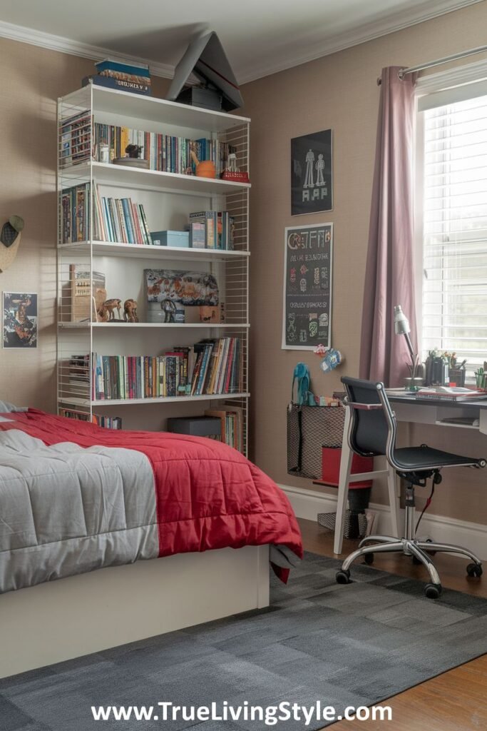 Bedroom featuring a study area with ample shelving.