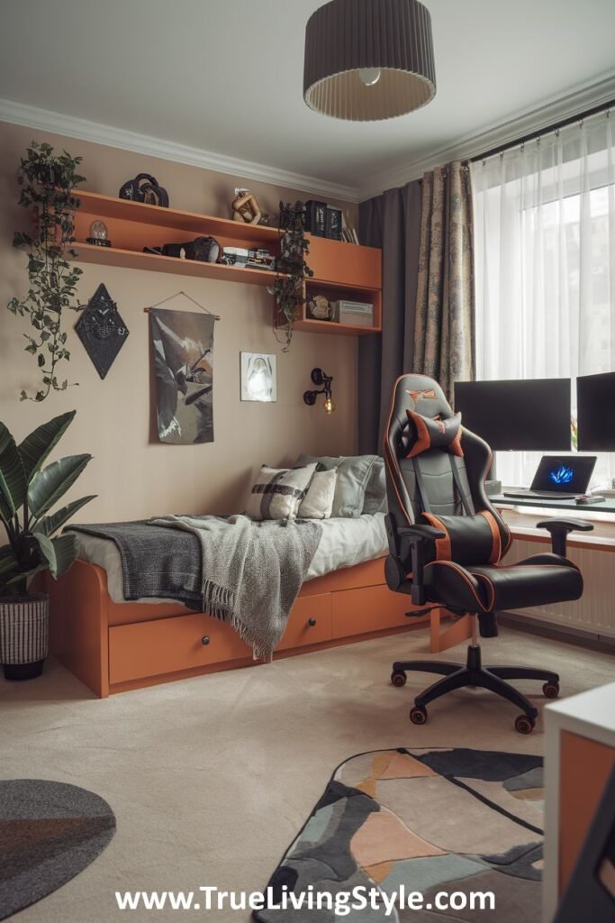 Bedroom with orange accents, a gaming chair, and floating shelves.