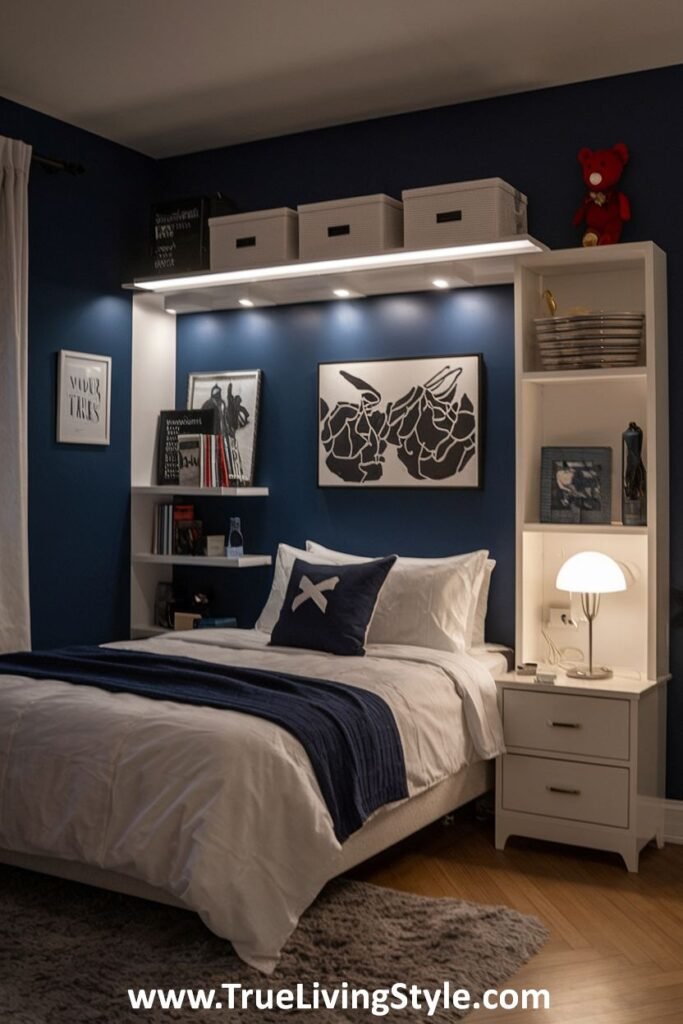 Cozy navy blue bedroom with white shelving.