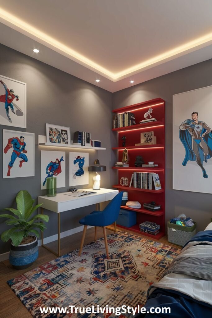 Superhero-themed room with coordinating art and shelving.