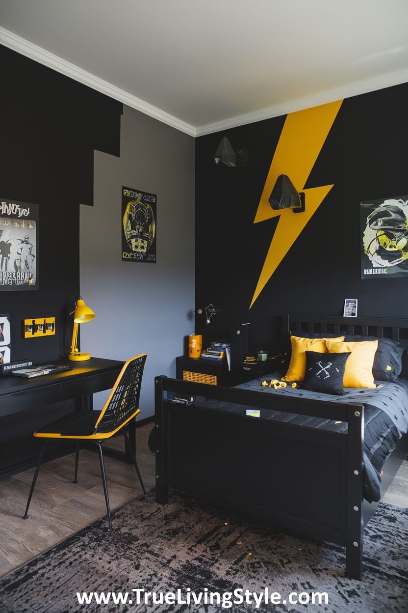 Black and yellow bedroom with themed decorations and modern furniture.