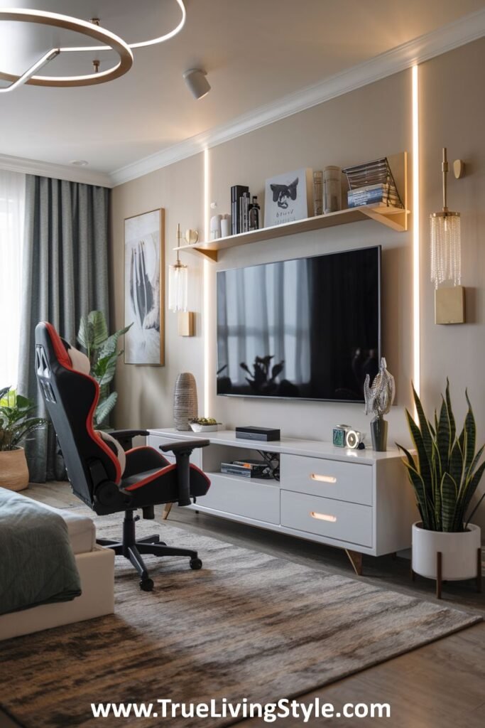 Modern bedroom with a large TV, stylish shelving, and ambient lighting.