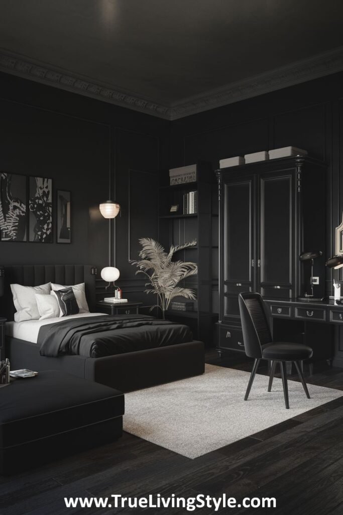 Sleek, all-black modern bedroom with minimalist decor.