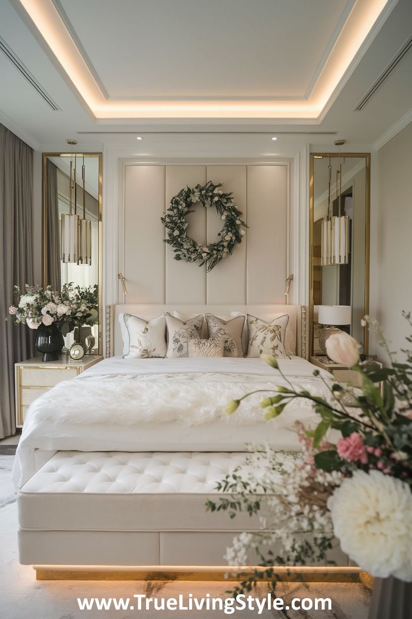 Bedroom featuring a padded headboard and accent lighting.