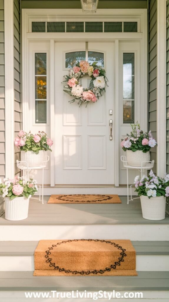 A fresh spring entrance with white floral accents and a decorative doormat.