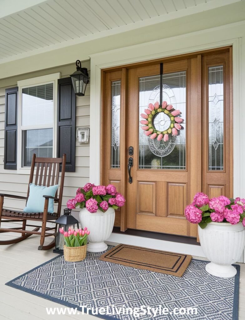 A cozy porch with pink florals, a rocking chair, and a patterned rug.