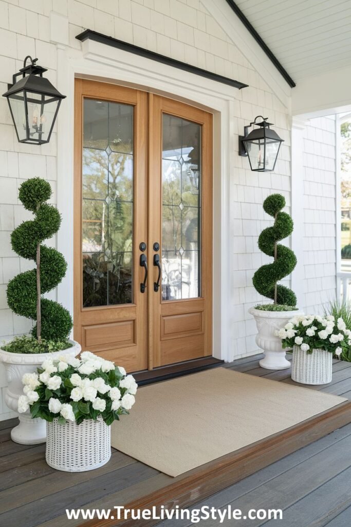 A balanced front porch featuring topiaries and white floral baskets.