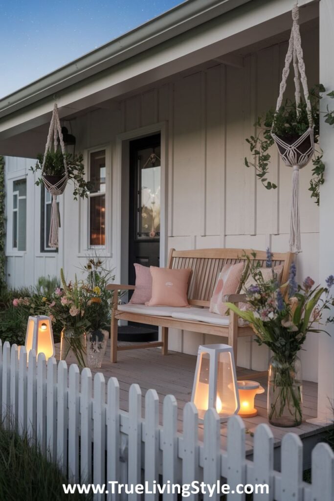 An inviting porch area with hanging plants, bench seating, and lanterns.