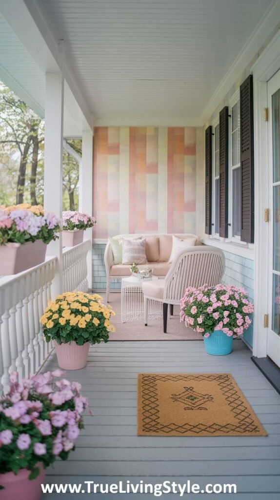 A vibrant sitting porch accentuated with colorful potted flowers.