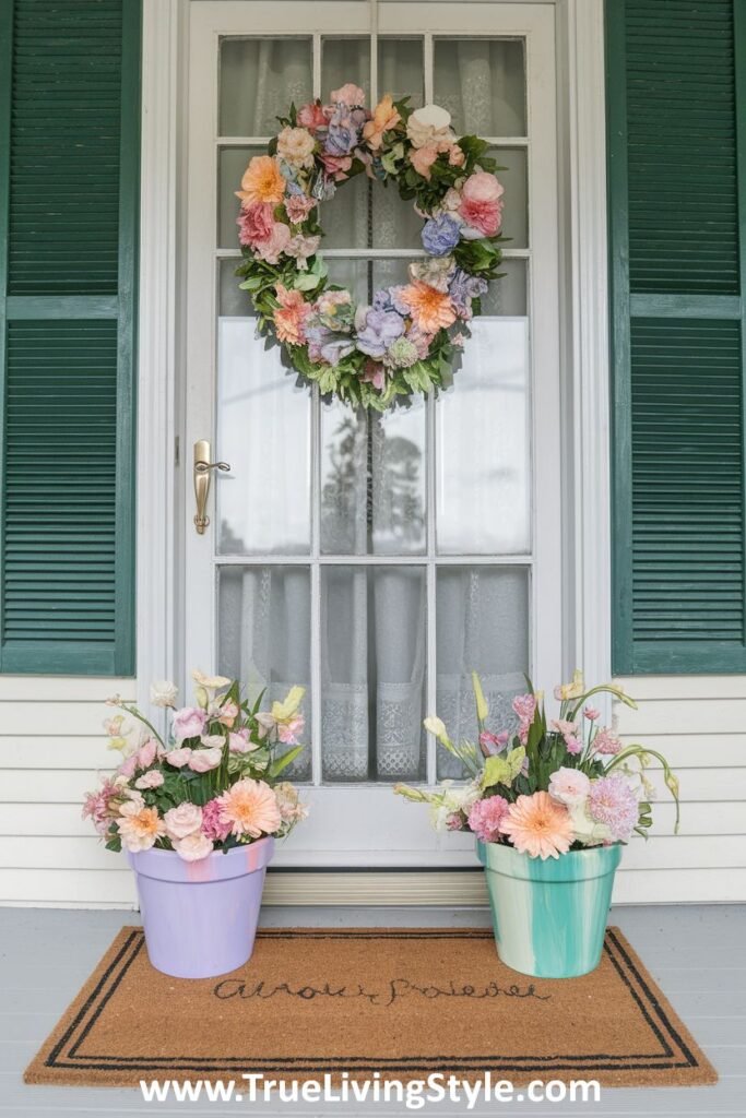 A soft spring atmosphere evoked by a pastel wreath and painted potted flowers.