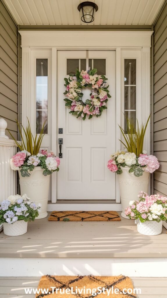 A doorway framed with a floral wreath and elegant urn planters.