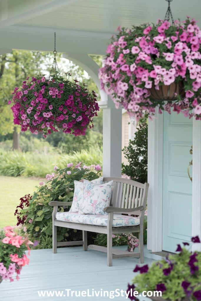 A charming porch environment with hanging flower baskets and bench seating.