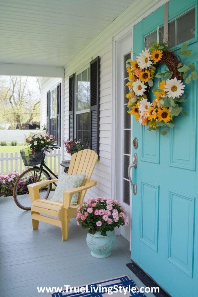 An energetic spring porch with cheerful yellow accents and floral displays.