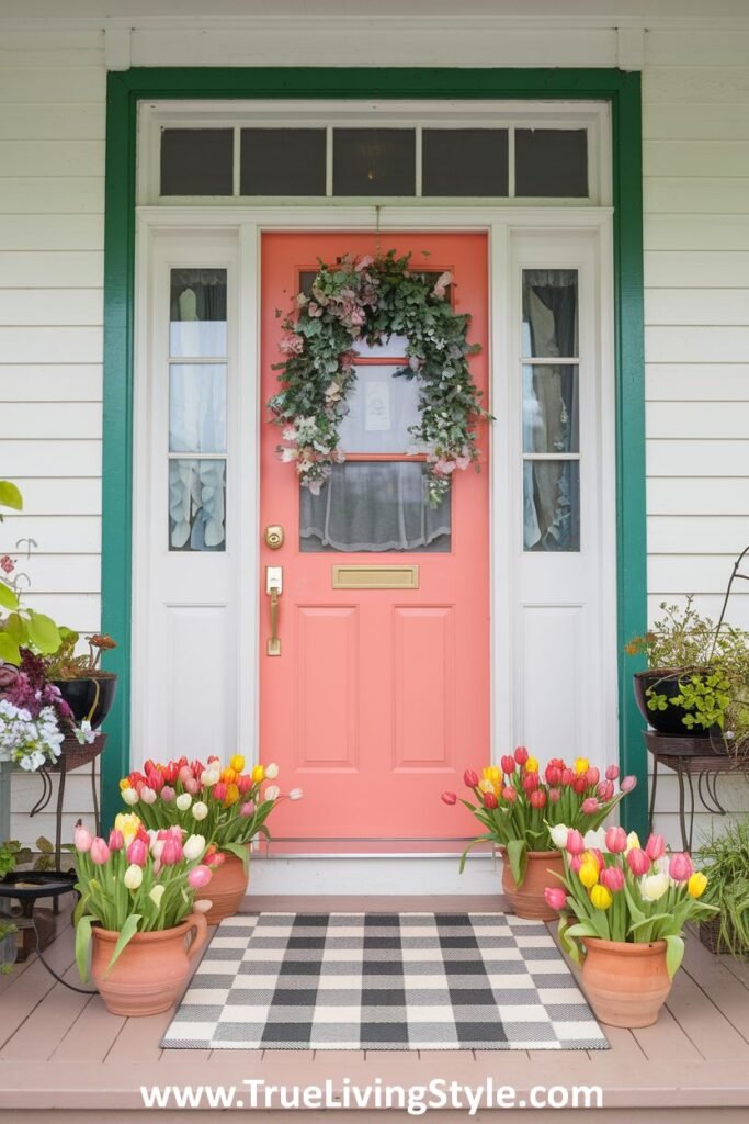 A bold spring porch featuring a vibrant tulip display and a checkered rug.