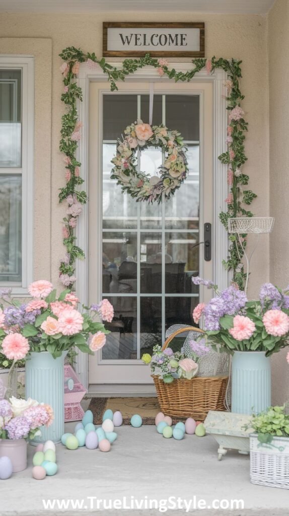 A welcoming entrance with a "Welcome" sign and pastel floral garland.