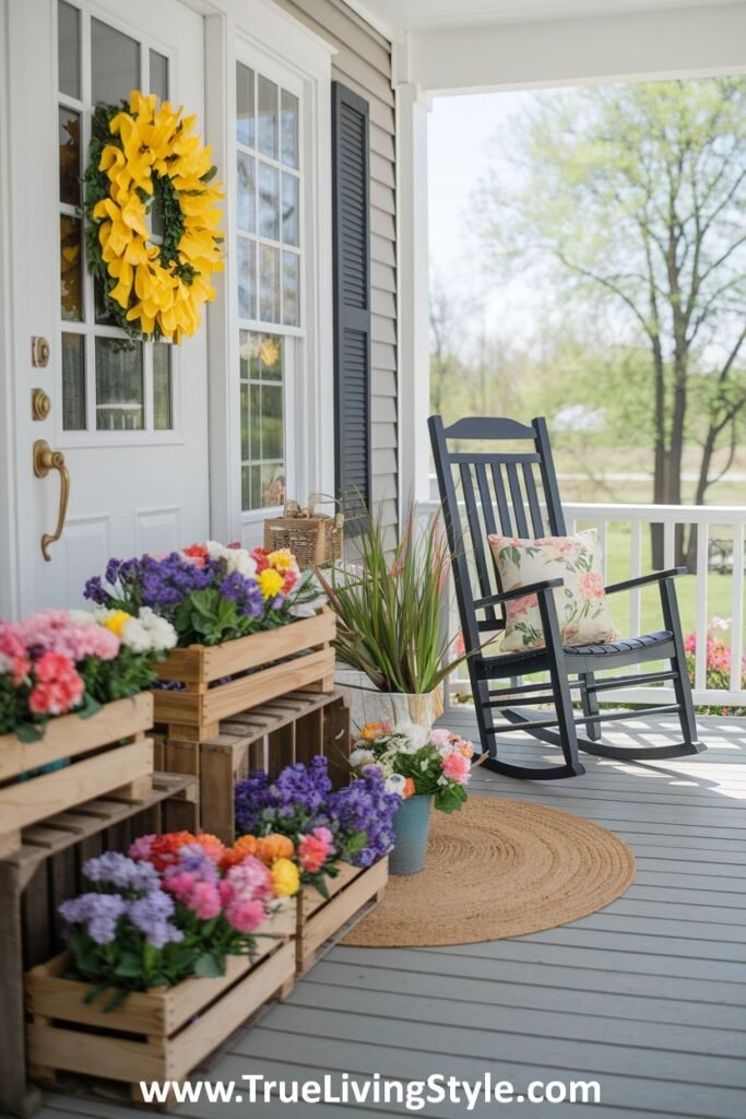 A rustic flower display using wooden crates, paired with a rocking chair.