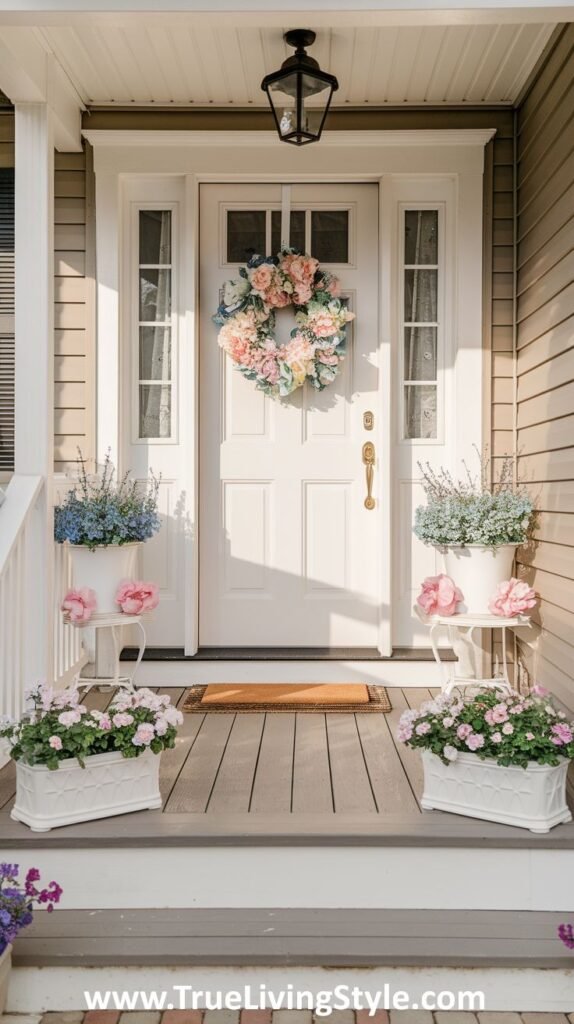 A layered floral display with elevated flower stands and a coordinating wreath.