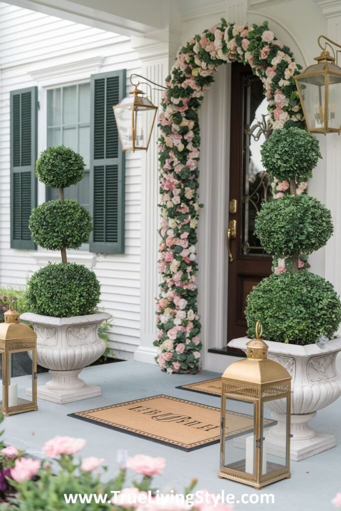 An elegant spring porch design with topiary trees and a floral arch.