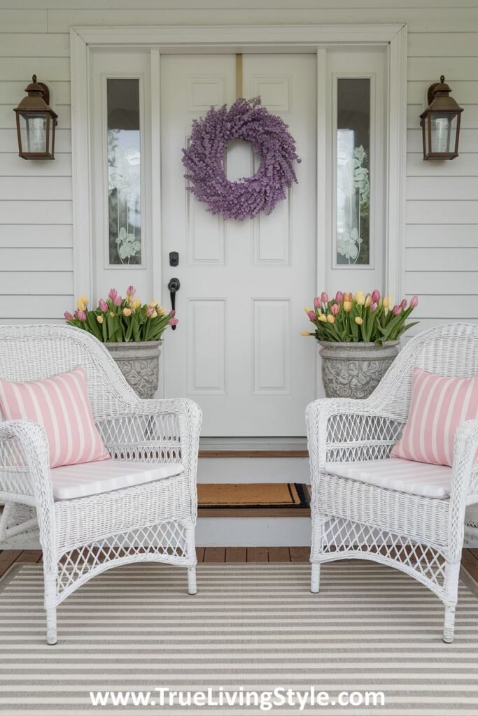 A relaxed spring atmosphere with wicker seating and a lavender wreath.