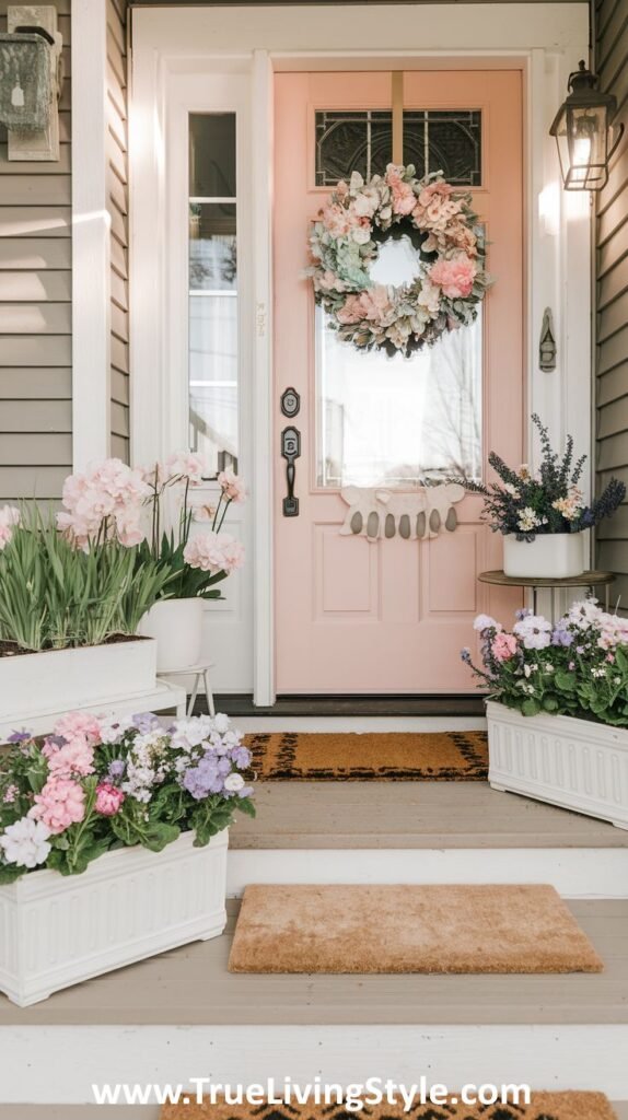 A charming spring entrance with a pastel door and coordinating floral boxes.