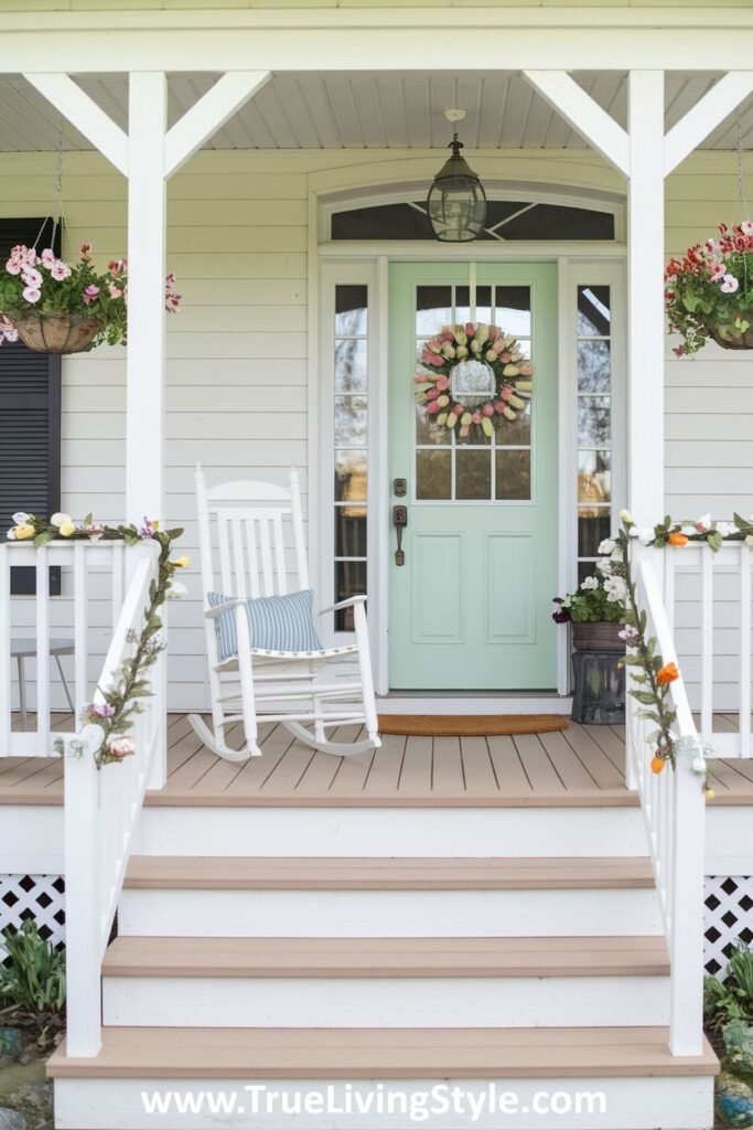 A cozy spring setting with hanging baskets and a classic rocking chair.