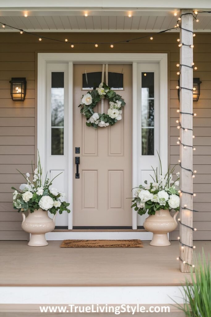 An elegant and warmly lit spring porch with matching urns and string lights.