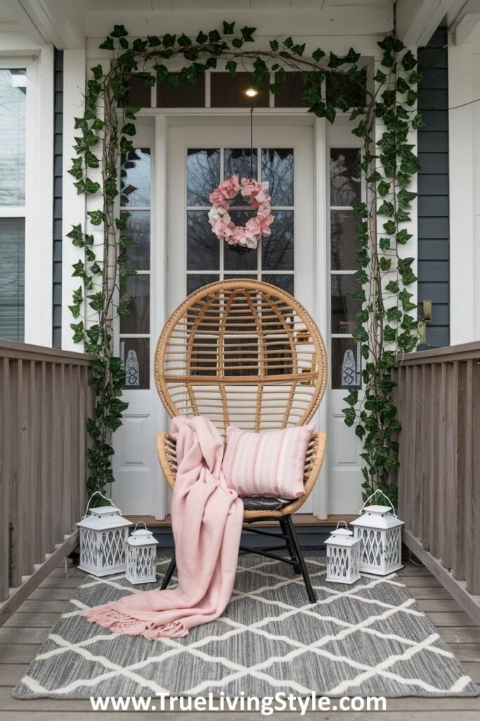 A stylish spring porch decor featuring a wicker chair and green garland.