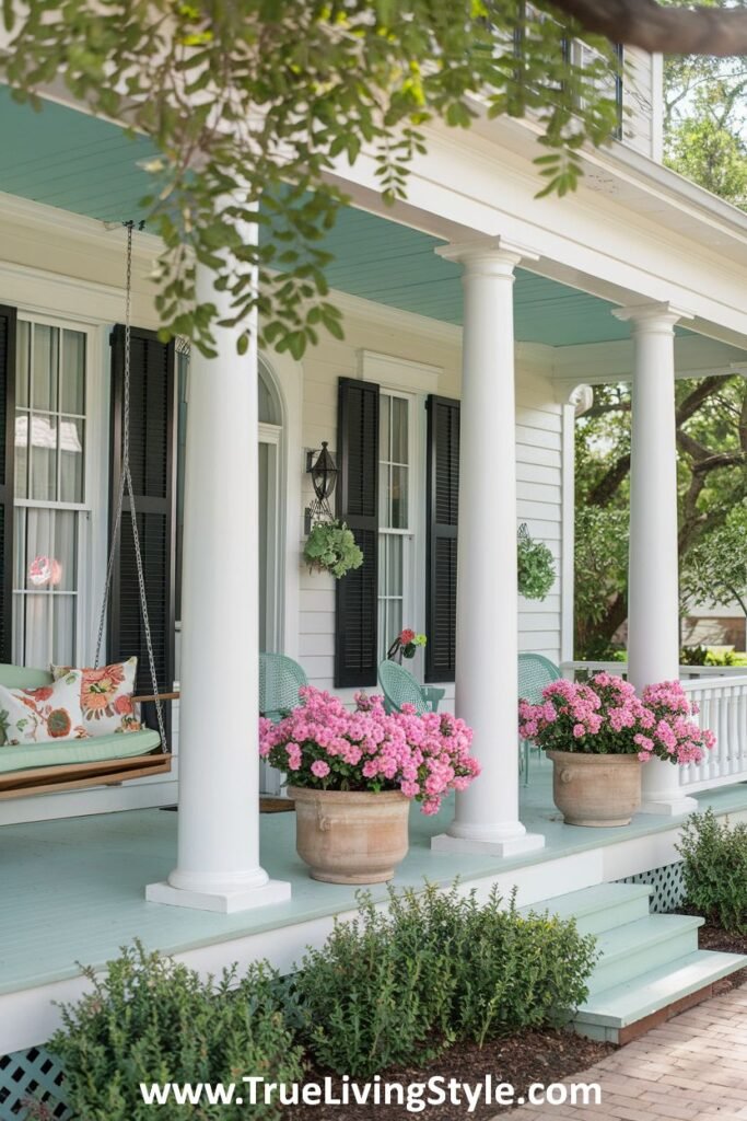 a grand porch with columns, a swing, and large pots of pink flowers.