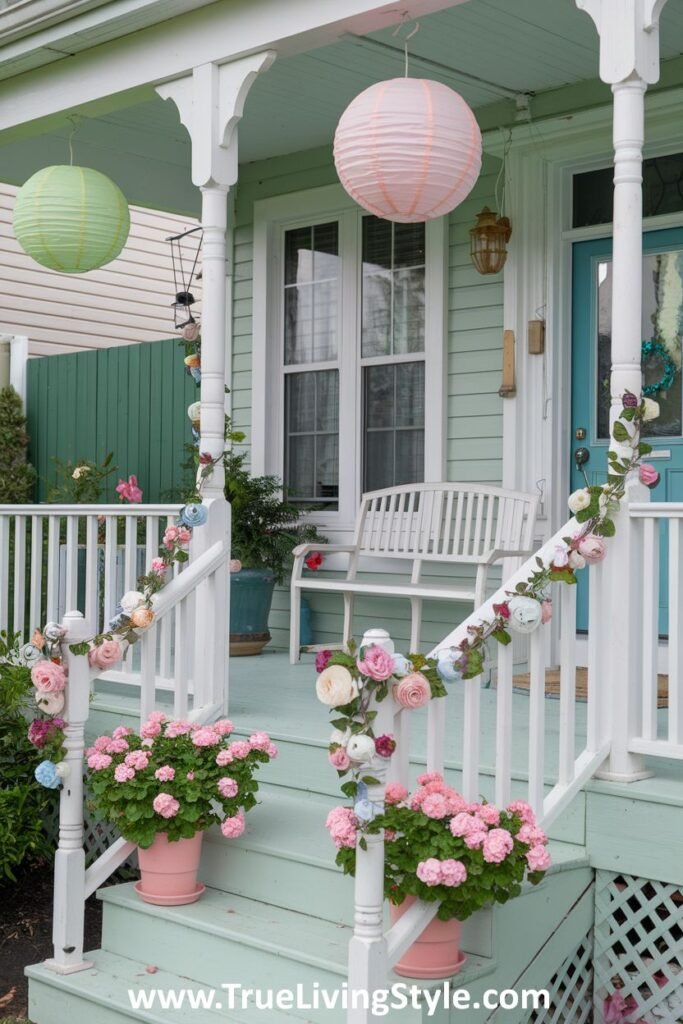 a whimsical porch with paper lanterns, floral garlands, and pink potted flowers.