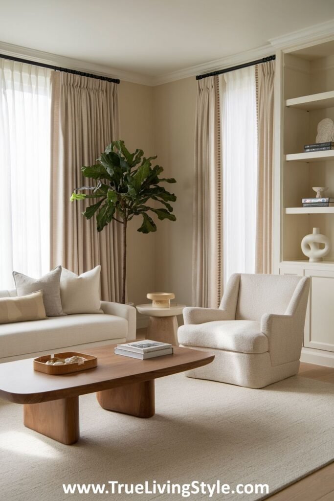 A neutral living room featuring a beige sofa, armchair, wooden coffee table, and a large potted plant next to the window.