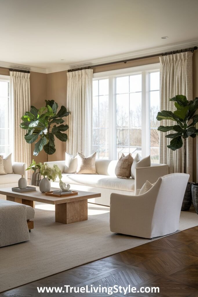 A bright and airy living room with light-colored walls, neutral furniture, fiddle leaf fig trees, and large windows, bringing a fresh and lively spring vibe.