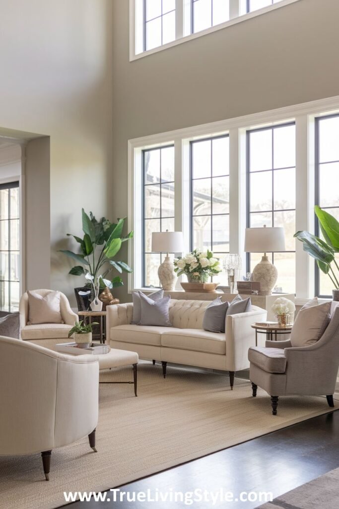 A spacious living room with high ceilings, neutral furniture, large windows, and various green plants, creating an open and airy atmosphere.