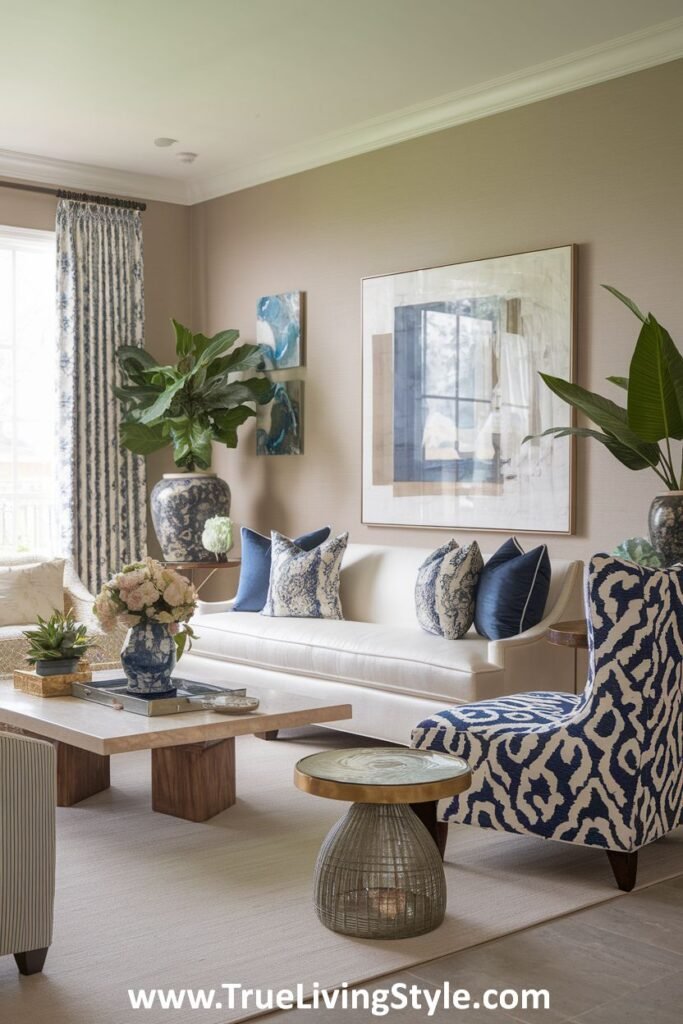 A stylish living room combining blue and white decor with natural elements like plants and wooden tables, evoking a fresh and serene spring atmosphere.