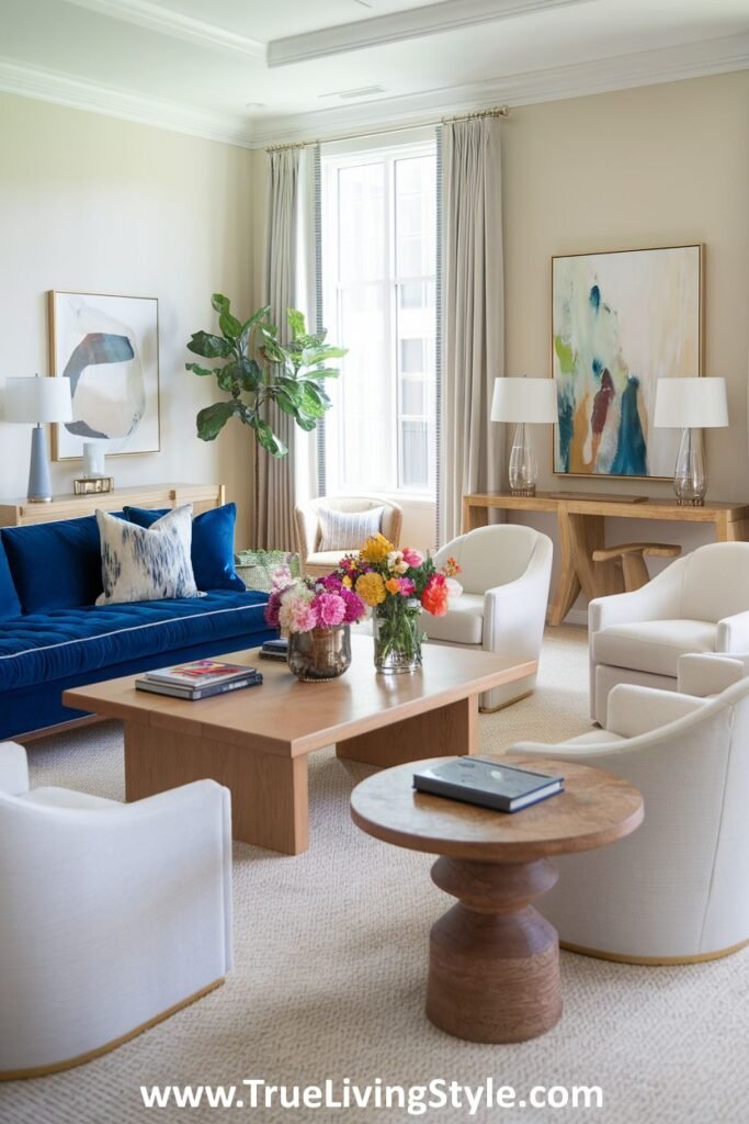 A vibrant living room with a blue sofa, bright floral arrangements, and light-colored walls, creating an energetic and visually appealing spring environment.