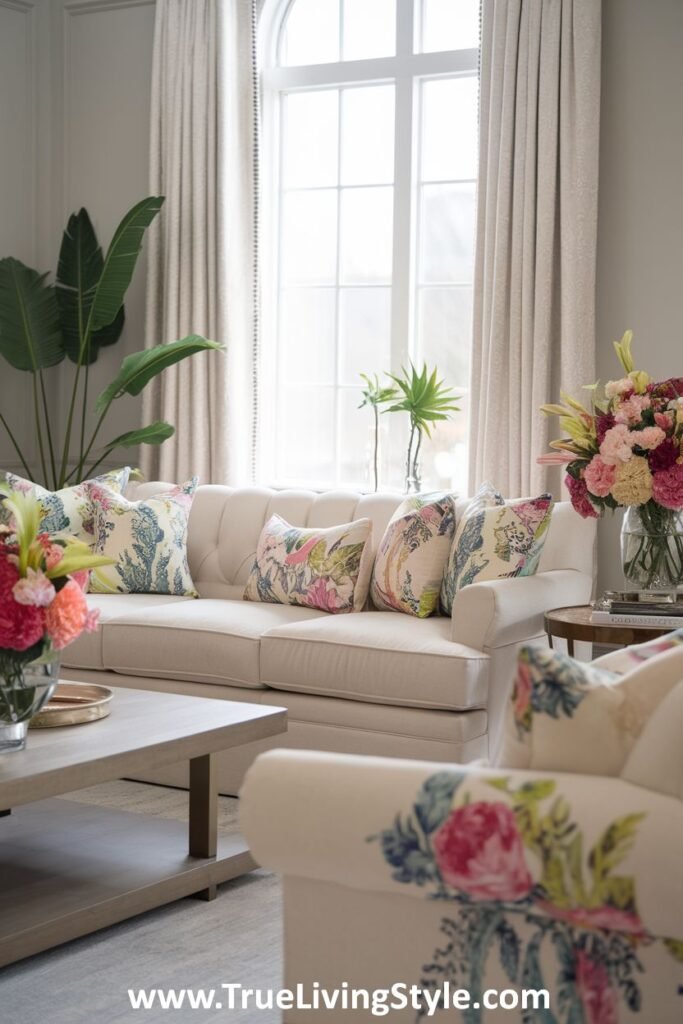 A charming living room with floral pillows, fresh bouquets, neutral furniture, and a large window, effortlessly incorporating spring with colorful and fresh accents.