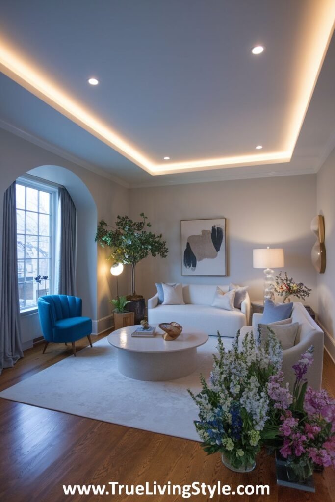 A fresh living room with an arched window, light curtains, a pop of blue in the armchair, and a round coffee table, creating a unique and bright spring look.