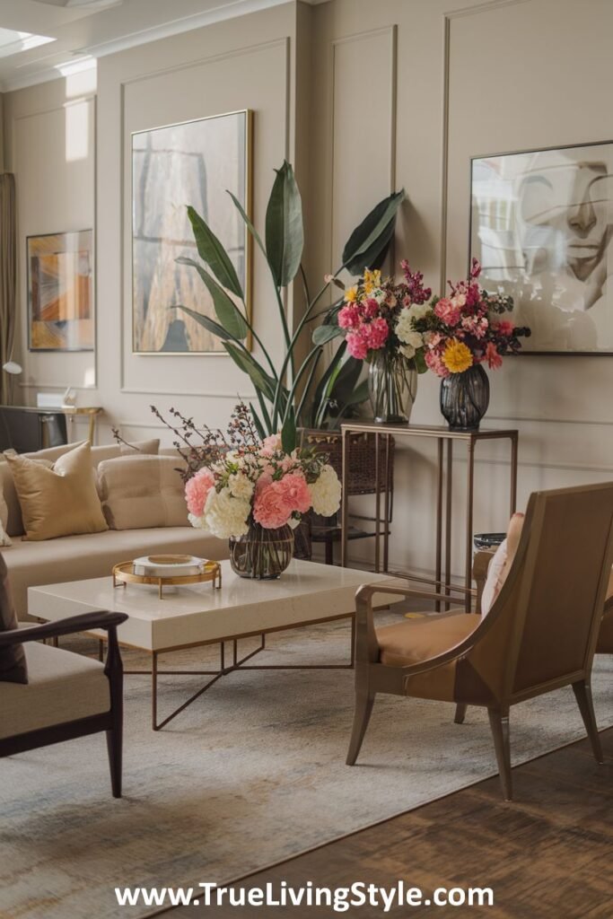 An artistic living room with a gallery wall featuring various art pieces, complemented by green plants placed on shelves, blending creativity with nature.