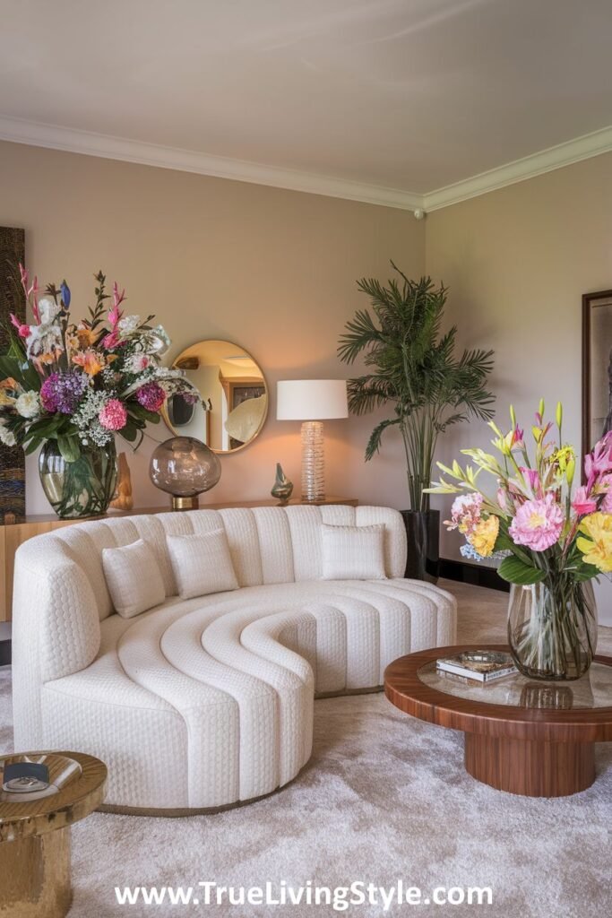 An inviting living room with a curved sofa, a round coffee table, lush flower arrangements, and a soft color palette, creating a welcoming spring atmosphere.