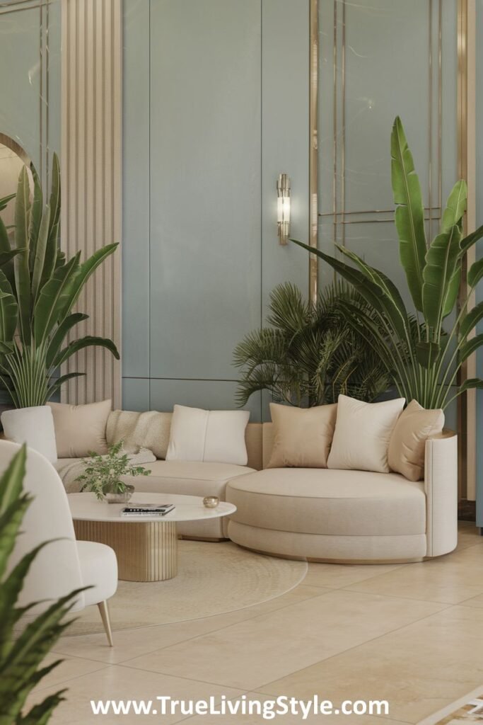 A modern living room with light blue walls, gold accents, a round sofa, and tropical plants creating a stylish and vibrant space.