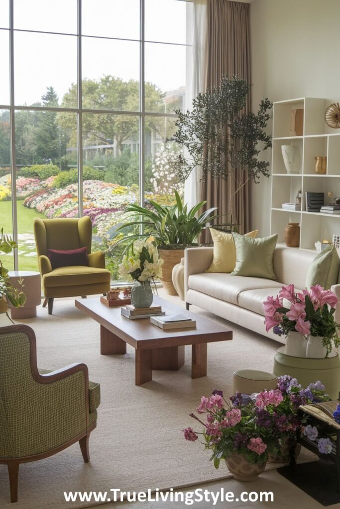 A sunny living room maximizing natural light and incorporating green and yellow accents through pillows, throws, and plants, enhancing the spring feel.