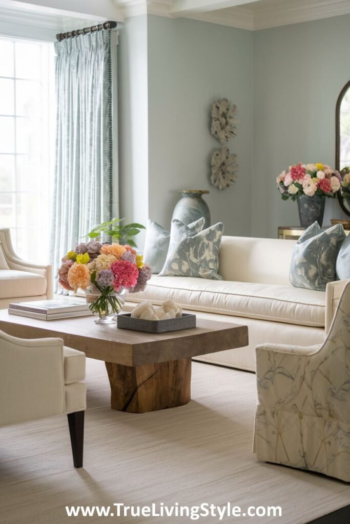 A vibrant living room with light blue walls and colorful floral arrangements, providing a fresh and energetic spring atmosphere.